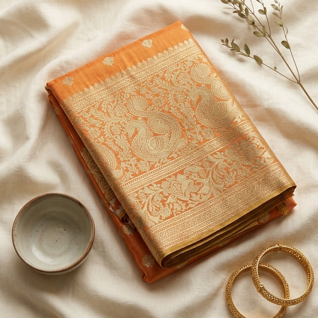 Royal Mustard Orange Silk Saree with Intricate Golden Zari Border