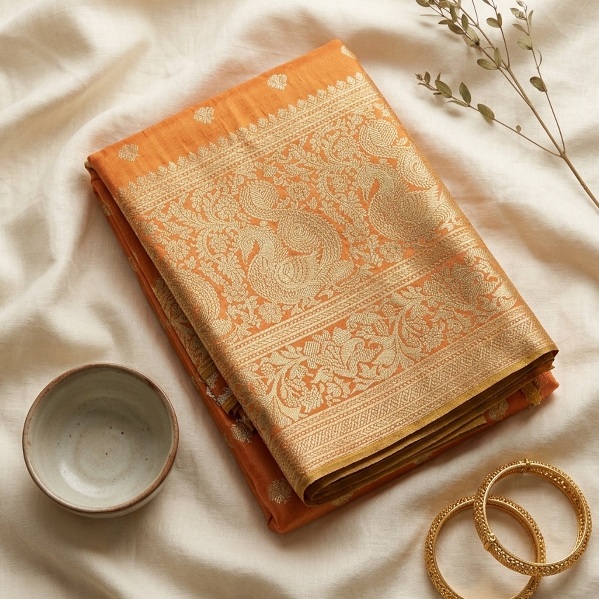 Royal Mustard Orange Silk Saree with Intricate Golden Zari Border