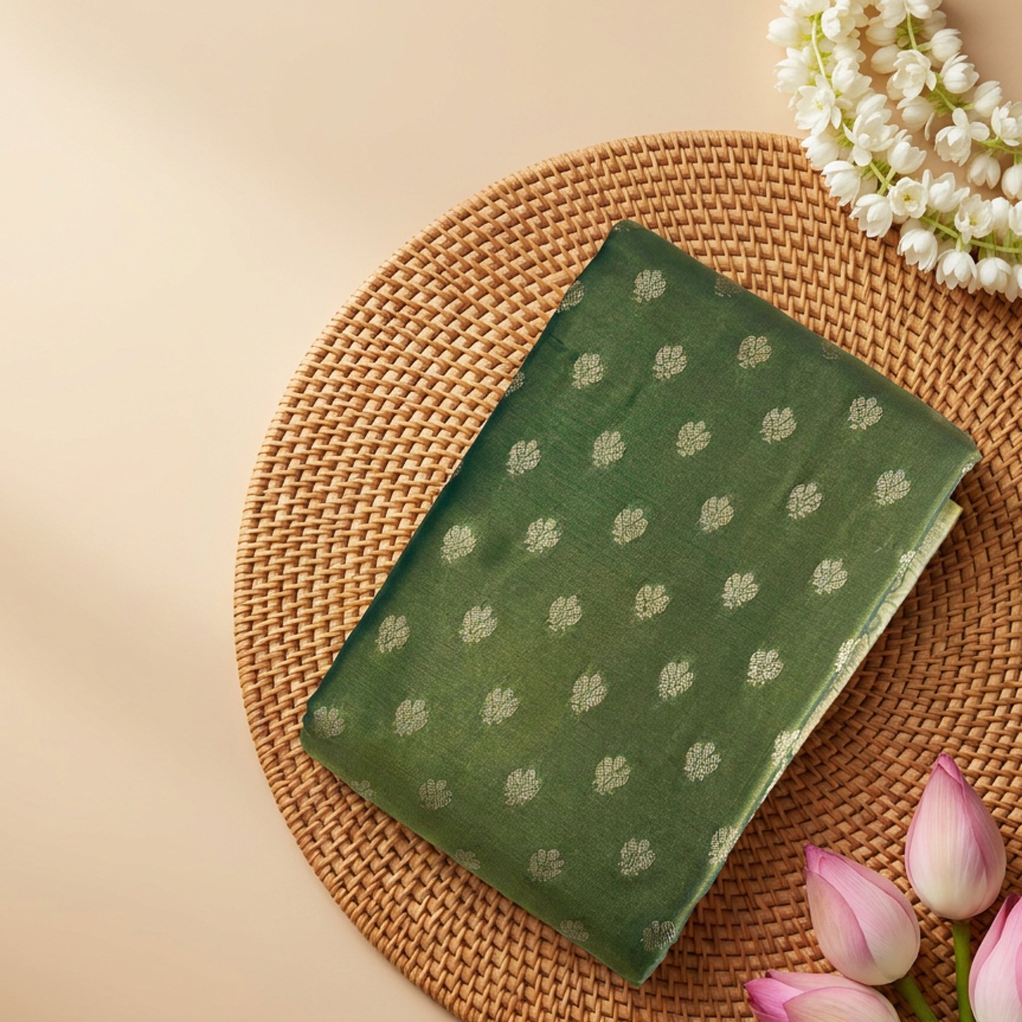 Sage Green Tussar Silk Saree with Golden Zari Buttas