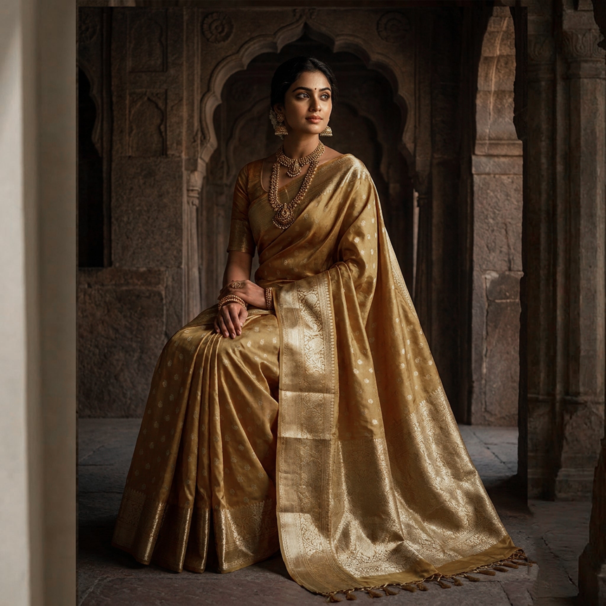 Honey Gold Tussar Silk Saree with Fine Zari Buttas