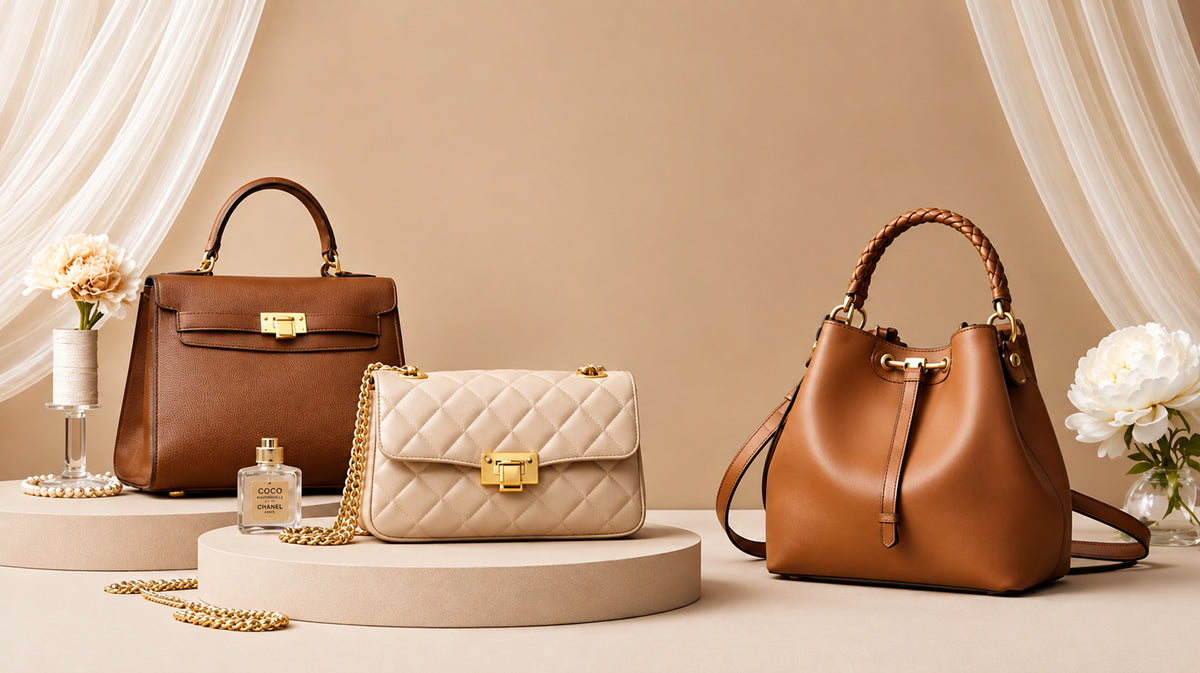 Three luxury handbags in brown and beige tones with gold hardware, styled on pedestals with white flowers and a perfume bottle against a beige backdrop with draped curtains.
