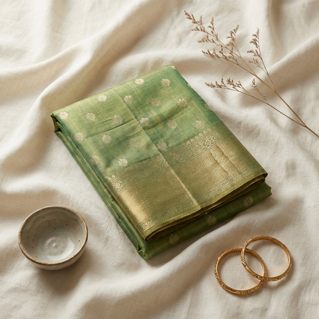 Sage Green Tussar Silk Saree with Golden Zari Buttas
