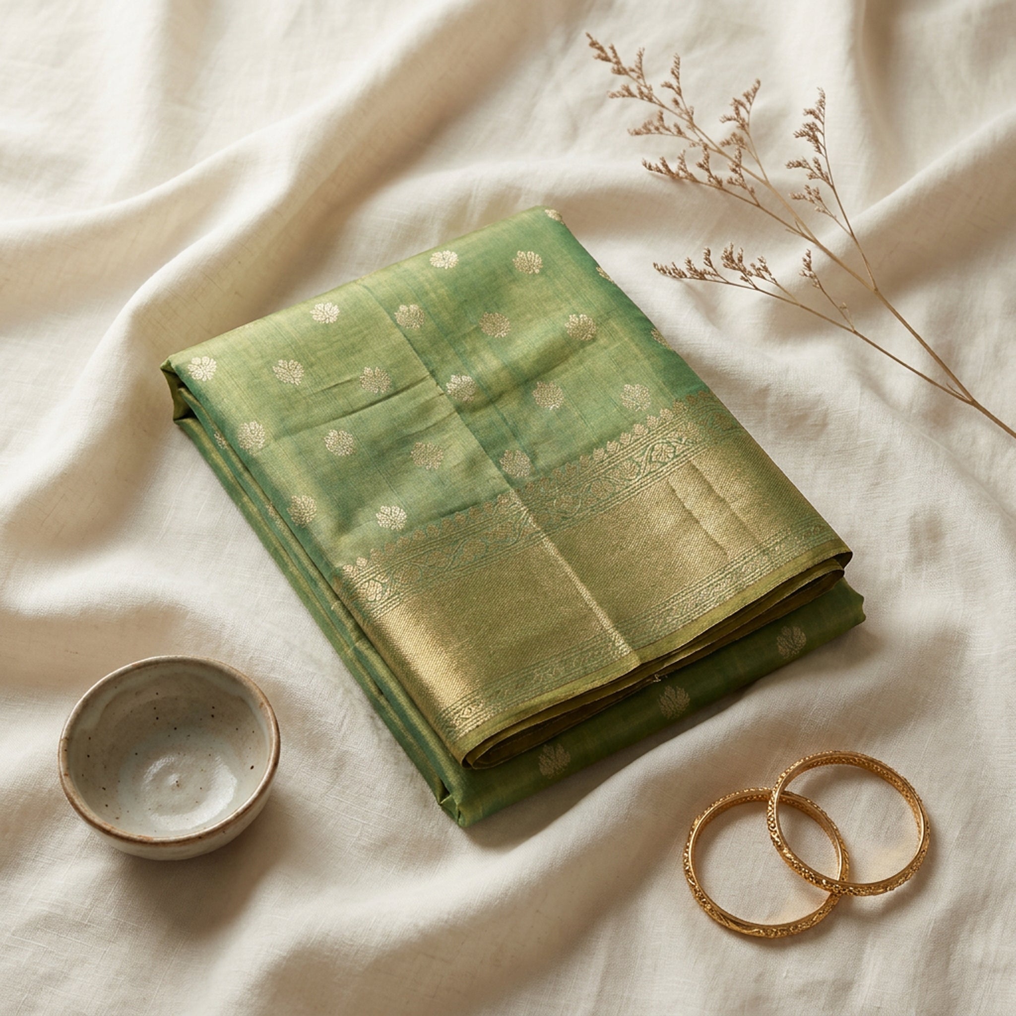 Sage Green Tussar Silk Saree with Golden Zari Buttas