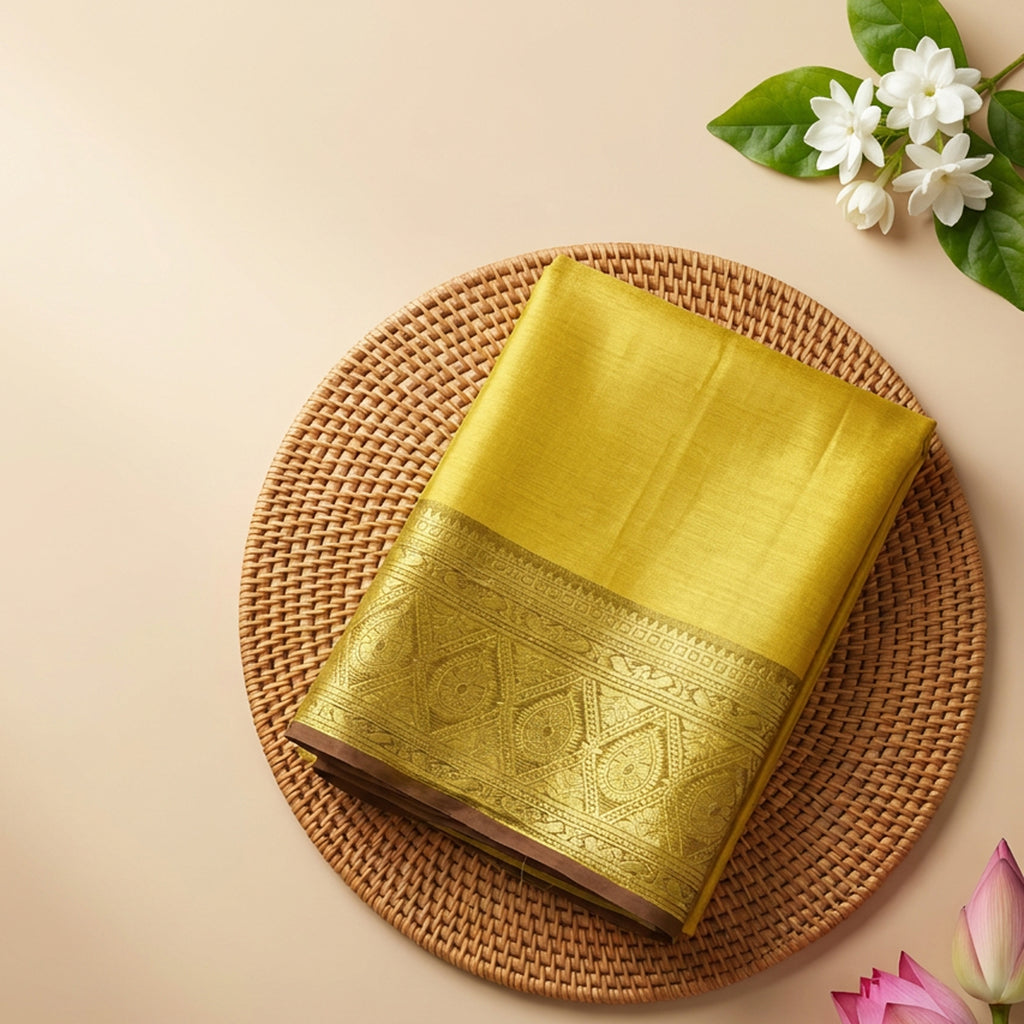 Mustard Yellow Matka Silk Saree with Antique Gold Zari Border