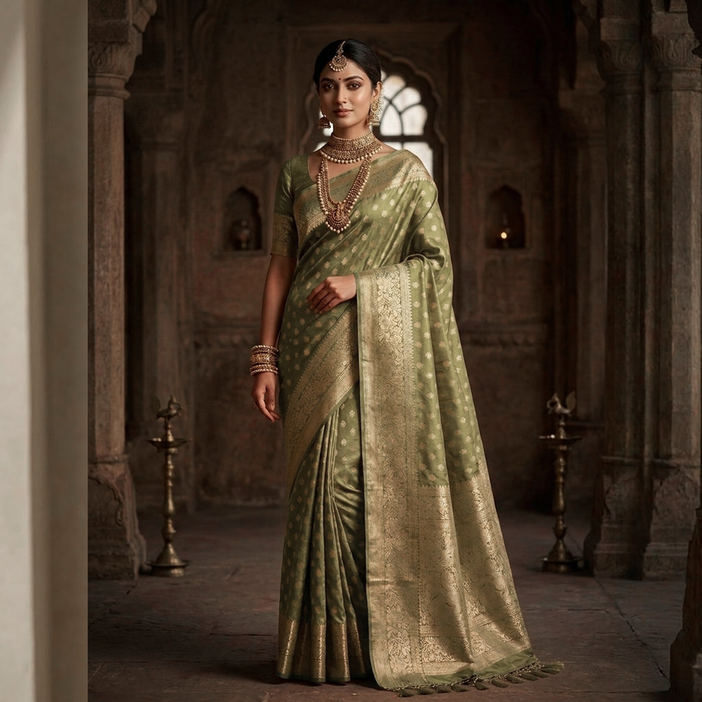 Sage Green Tussar Silk Saree with Golden Zari Buttas