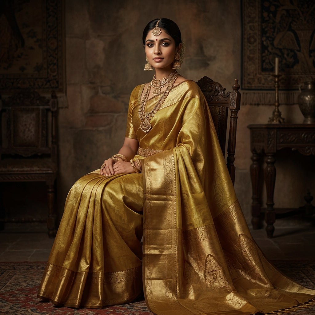 Mustard Yellow Matka Silk Saree with Antique Gold Zari Border