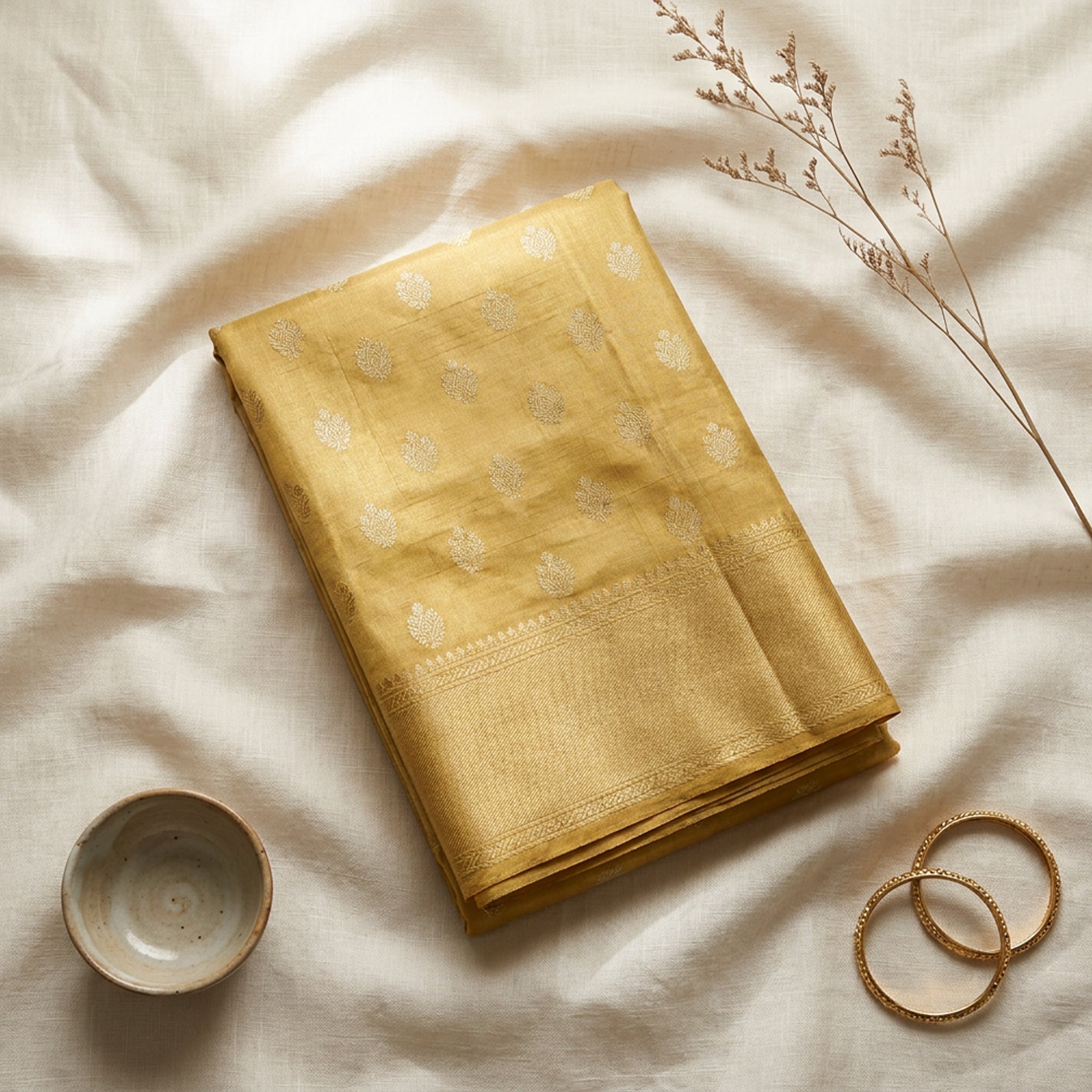Honey Gold Tussar Silk Saree with Fine Zari Buttas