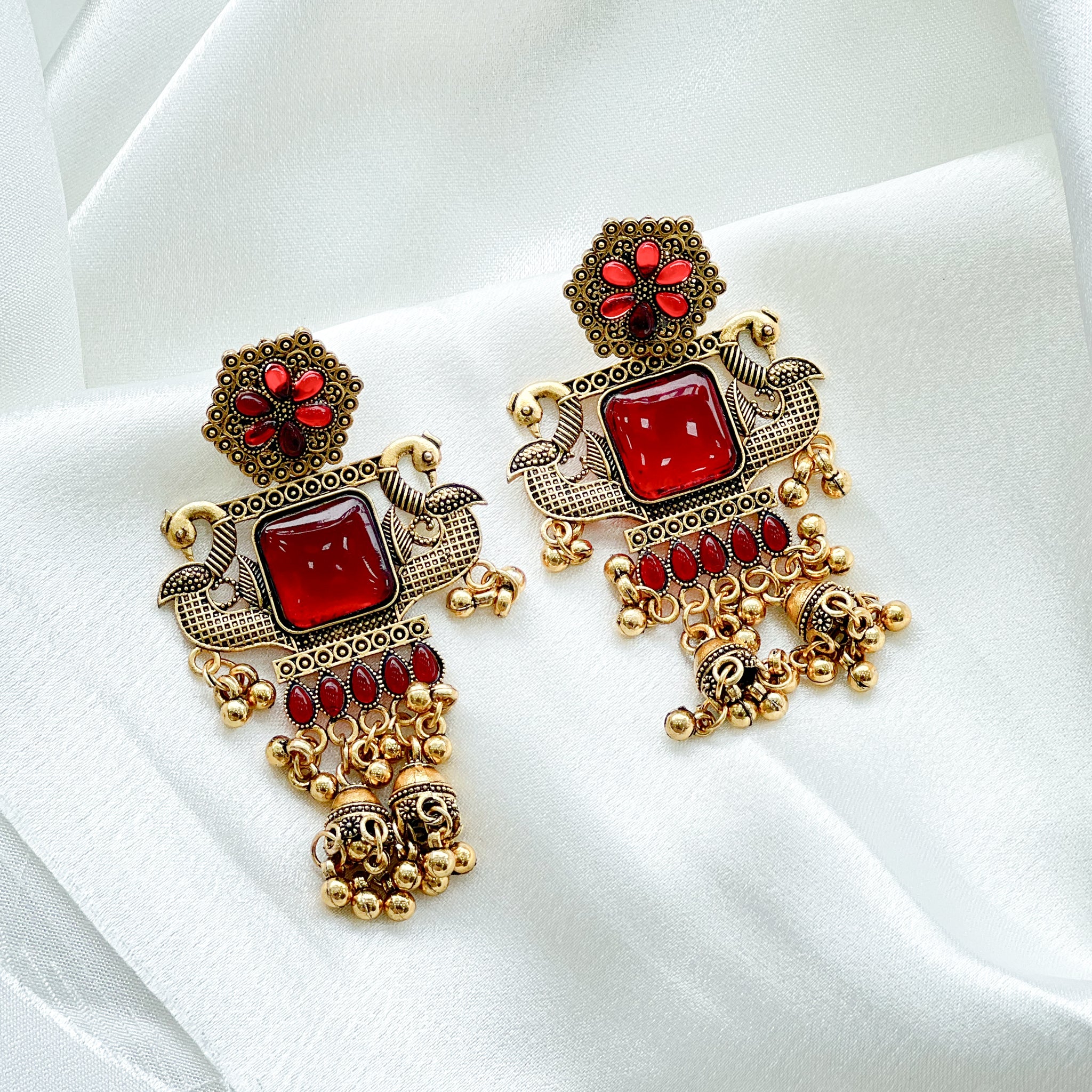 Antique Red Stone Peacock Jhumka Earrings