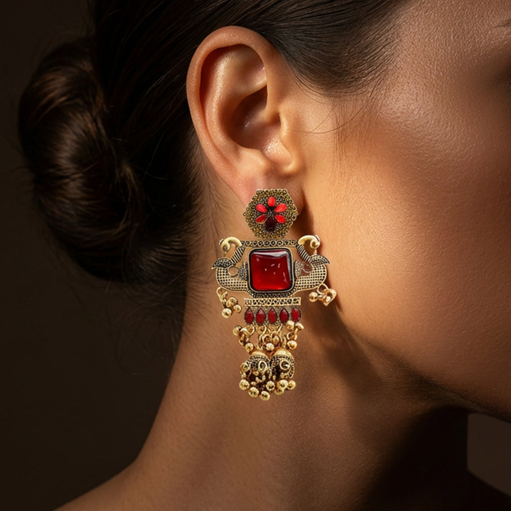 Antique Red Stone Peacock Jhumka Earrings