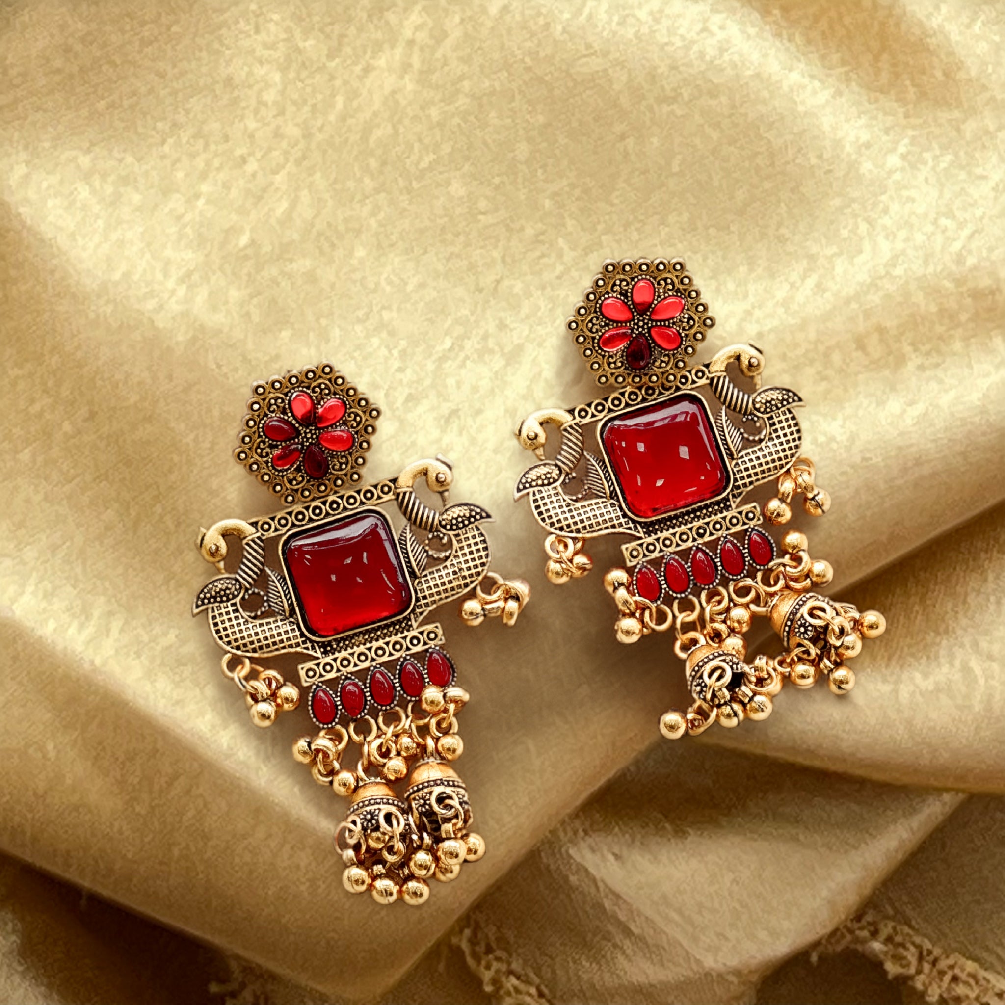 Antique Red Stone Peacock Jhumka Earrings