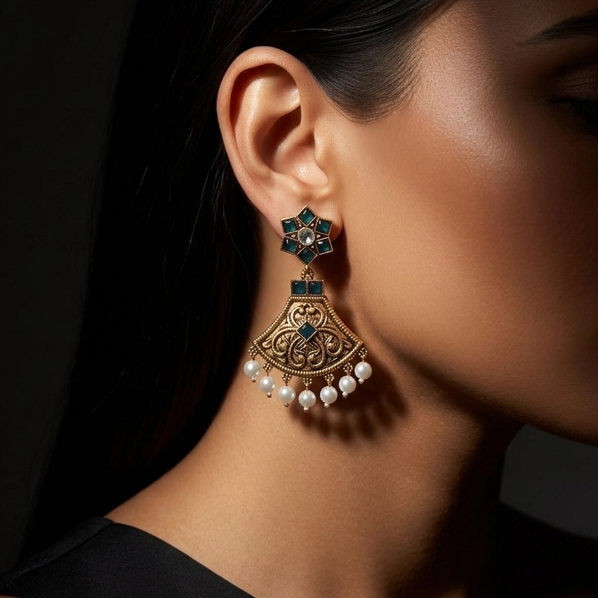 Antique Gold Filigree Chandbali Earrings With Pearl Drops