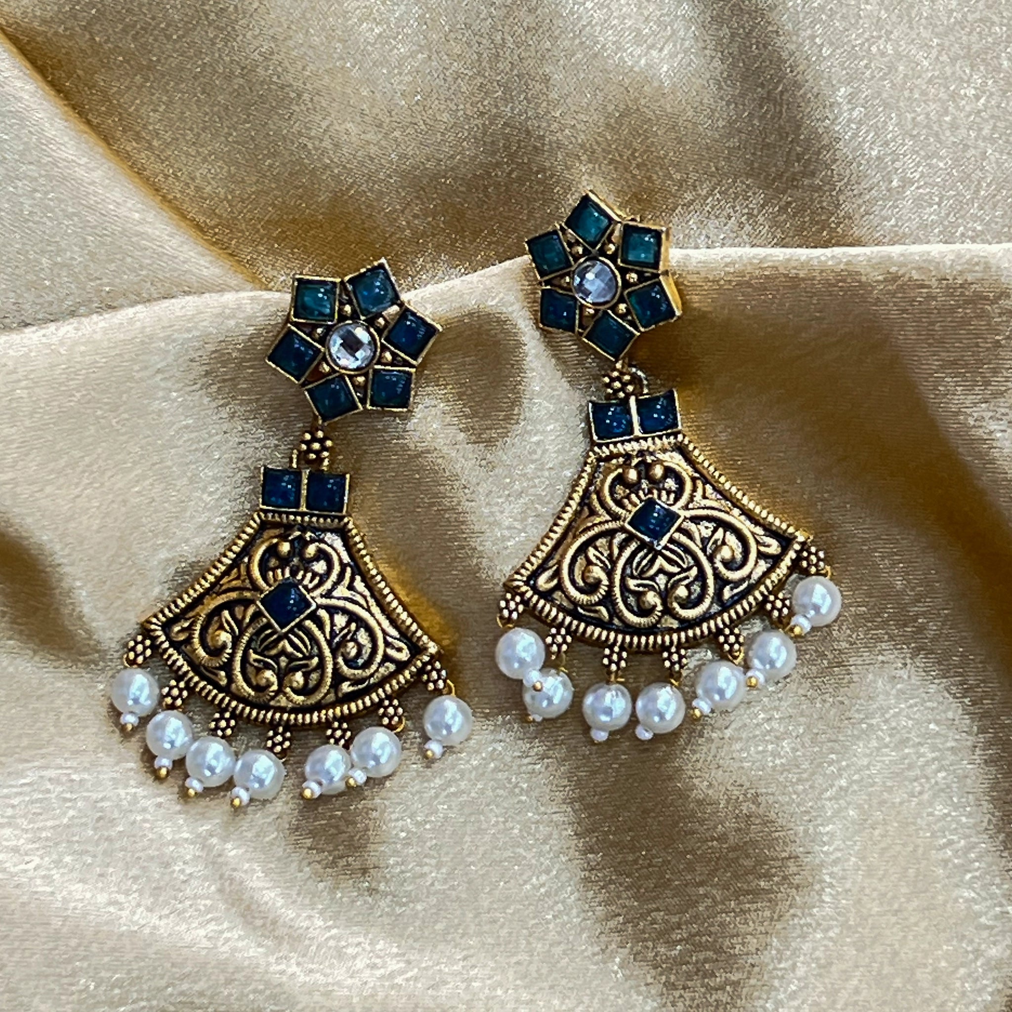 Antique Gold Filigree Chandbali Earrings With Pearl Drops