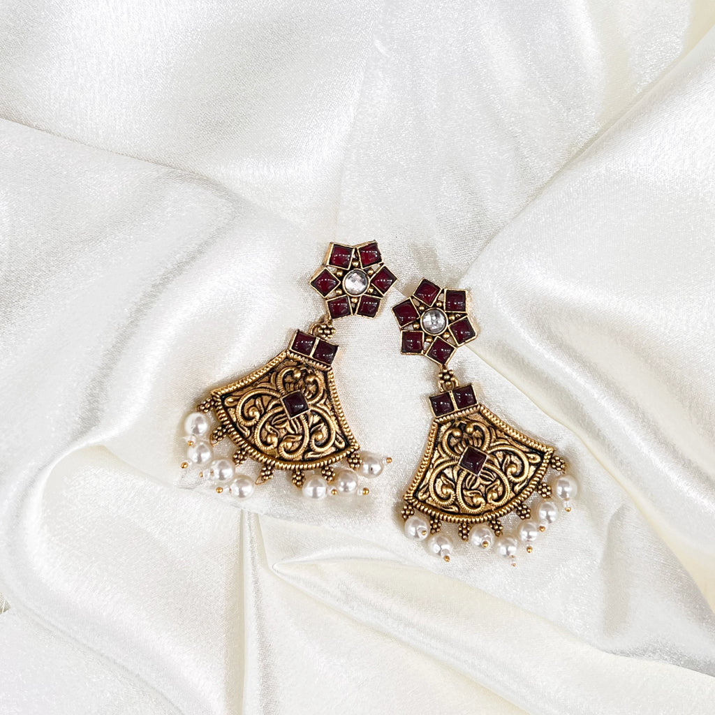 Antique Gold Filigree Chandbali Earrings With Pearl Drops