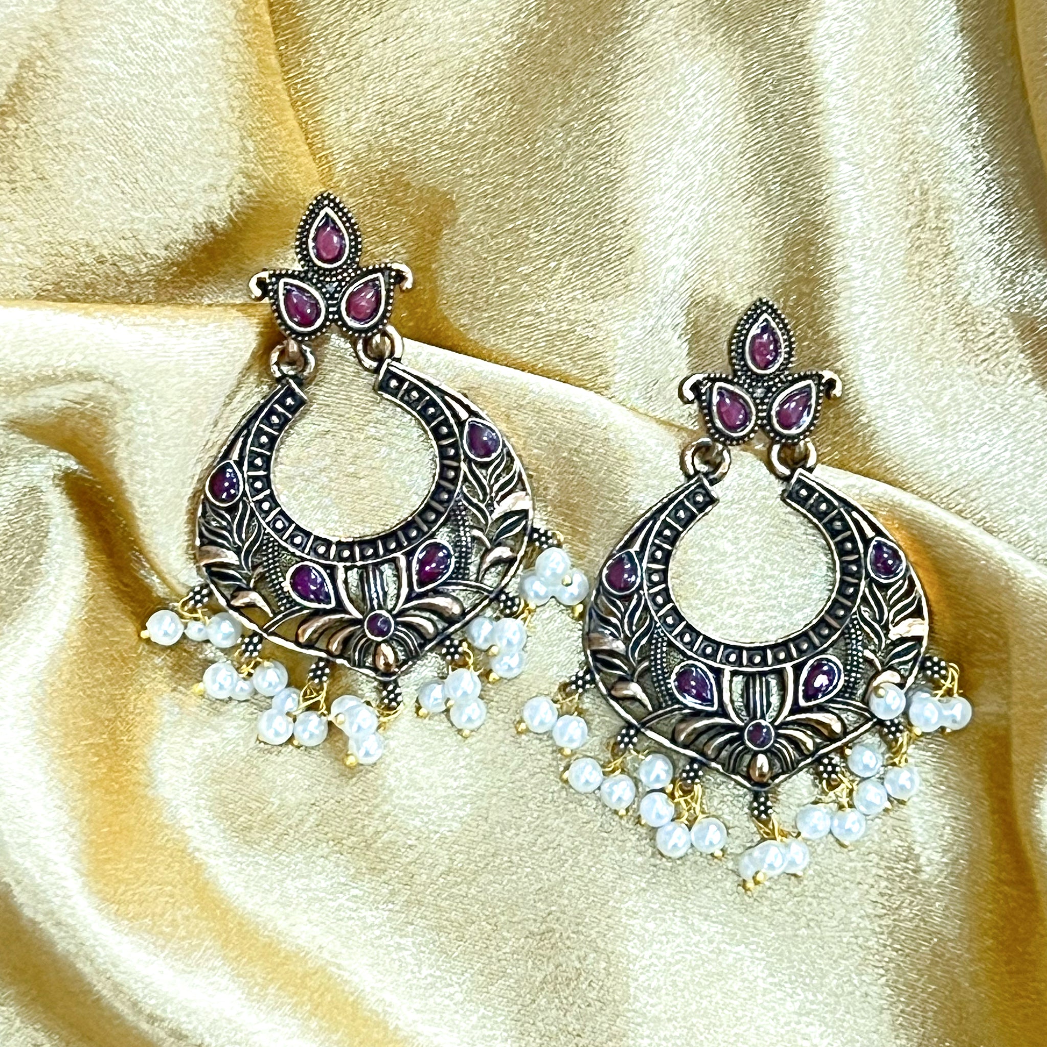 Antique Ruby Chandbali Earrings With Pearls