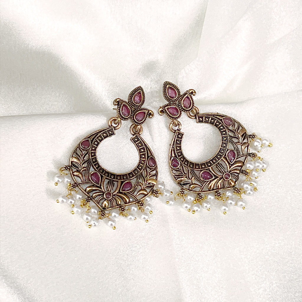 Antique Ruby Chandbali Earrings With Pearls