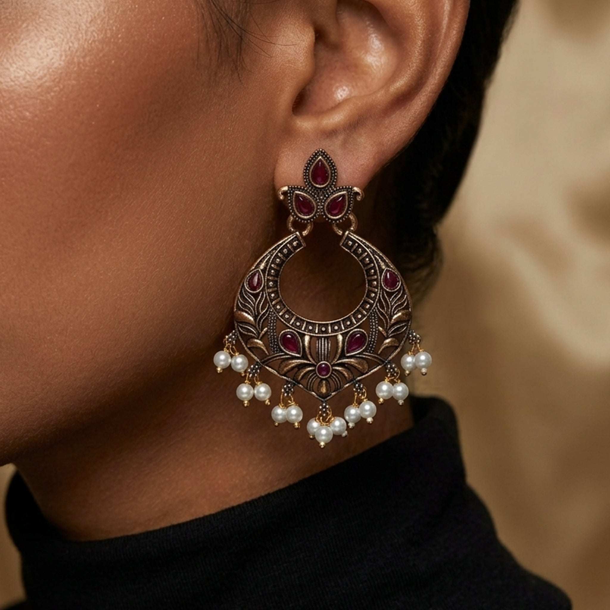 Antique Ruby Chandbali Earrings With Pearls