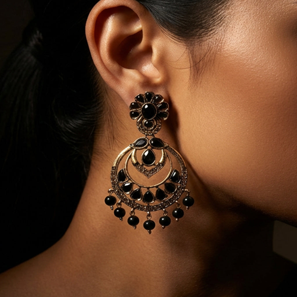 Antique Black Stone Chandbali Earrings