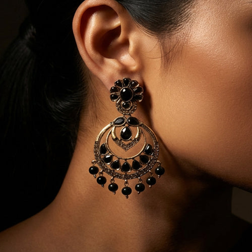 Antique Black Stone Chandbali Earrings