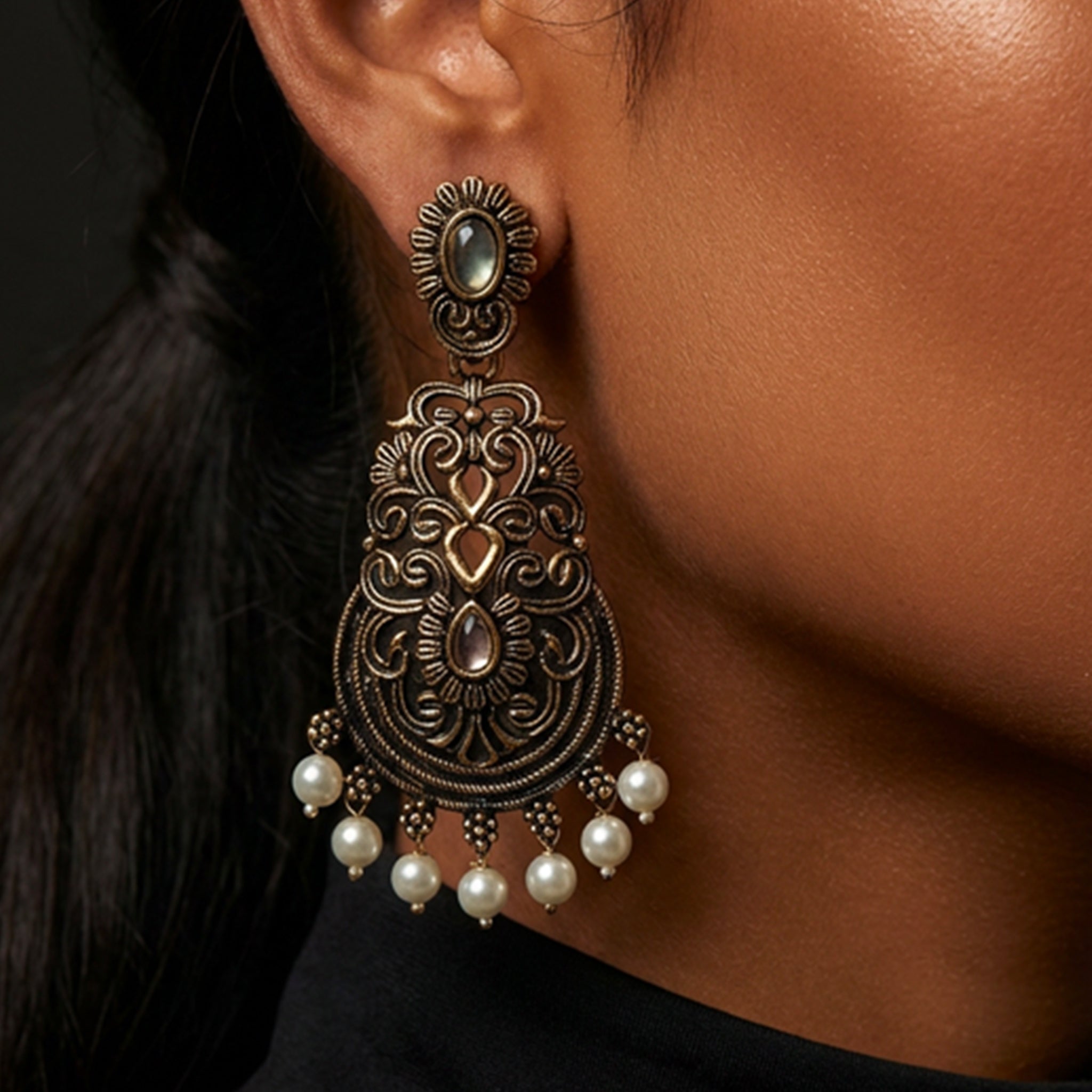 Vintage Oxidised Pearl Drop Earrings