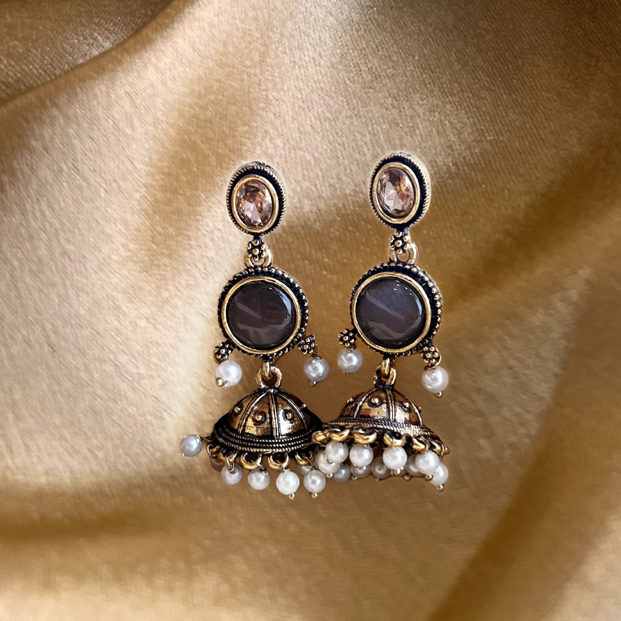 Golden Designer Pearl Jhumka Earrings
