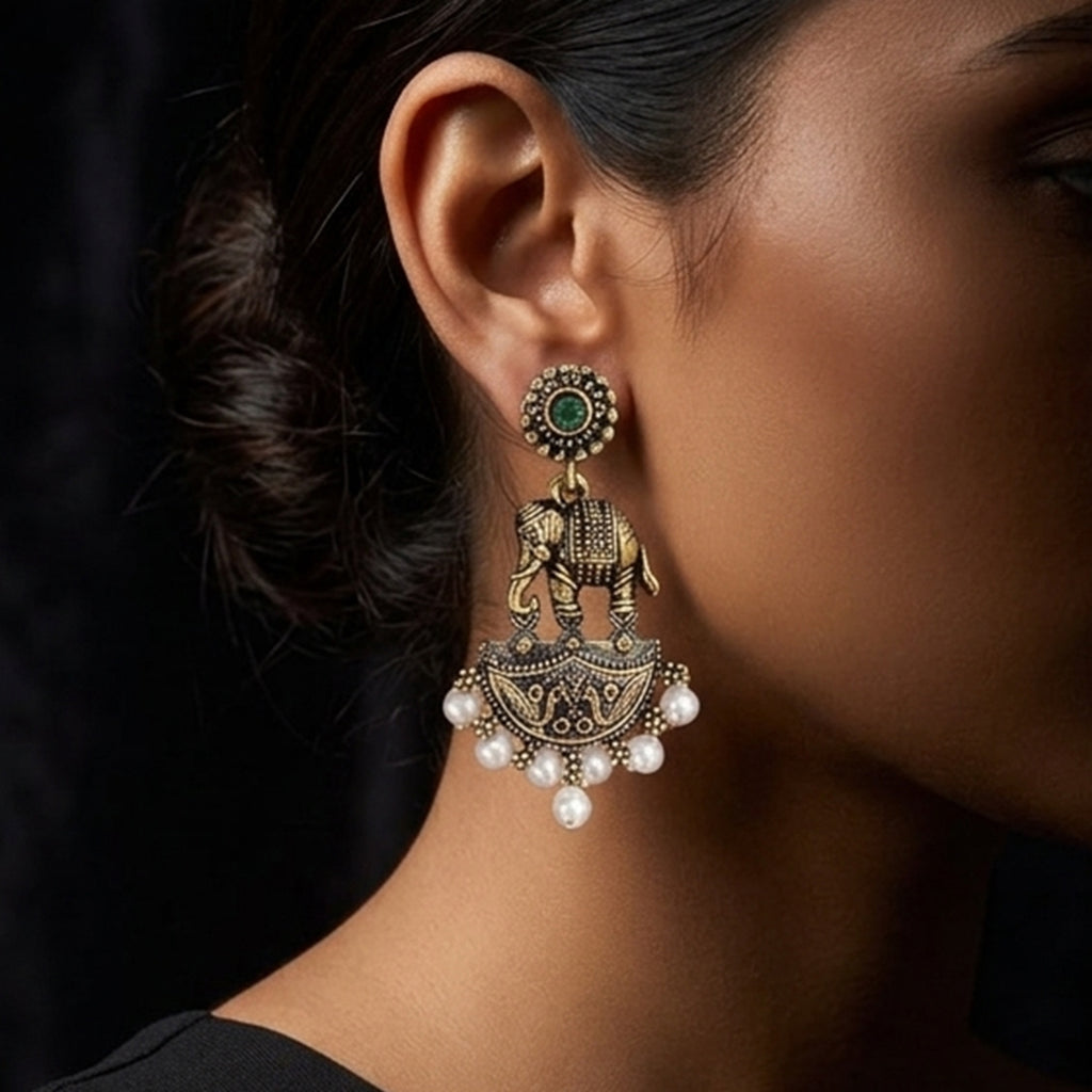 Elephant Charm Gold-Toned Ethnic Drop Earrings