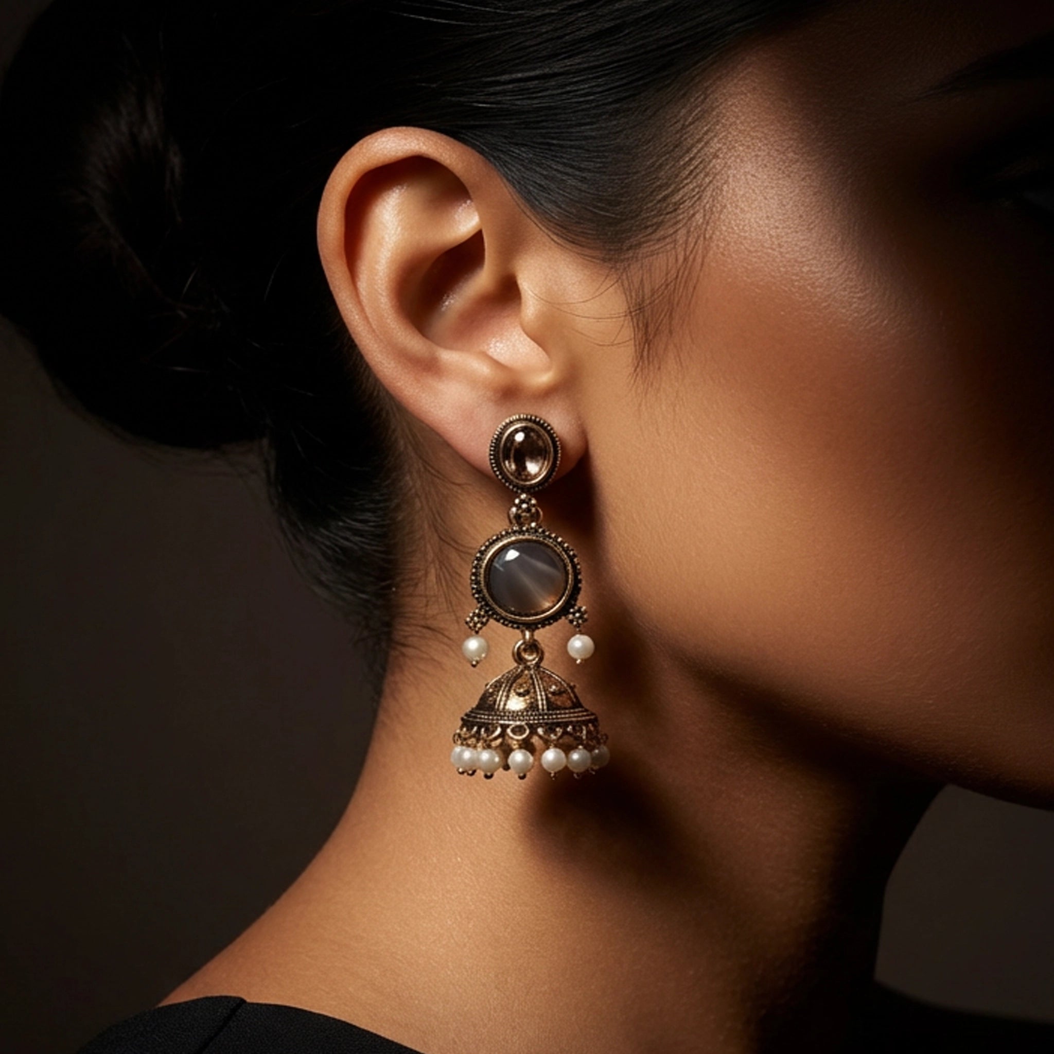 Golden Designer Pearl Jhumka Earrings