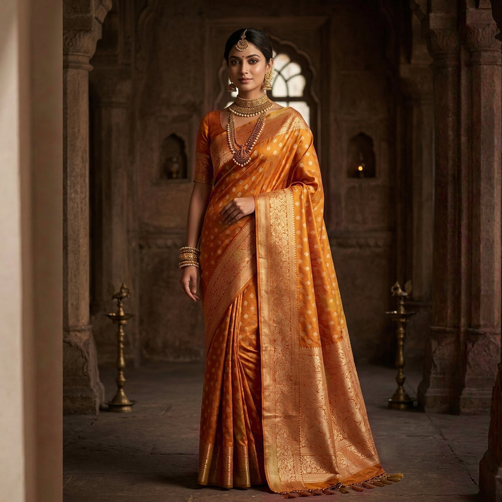 Royal Mustard Orange Silk Saree with Intricate Golden Zari Border