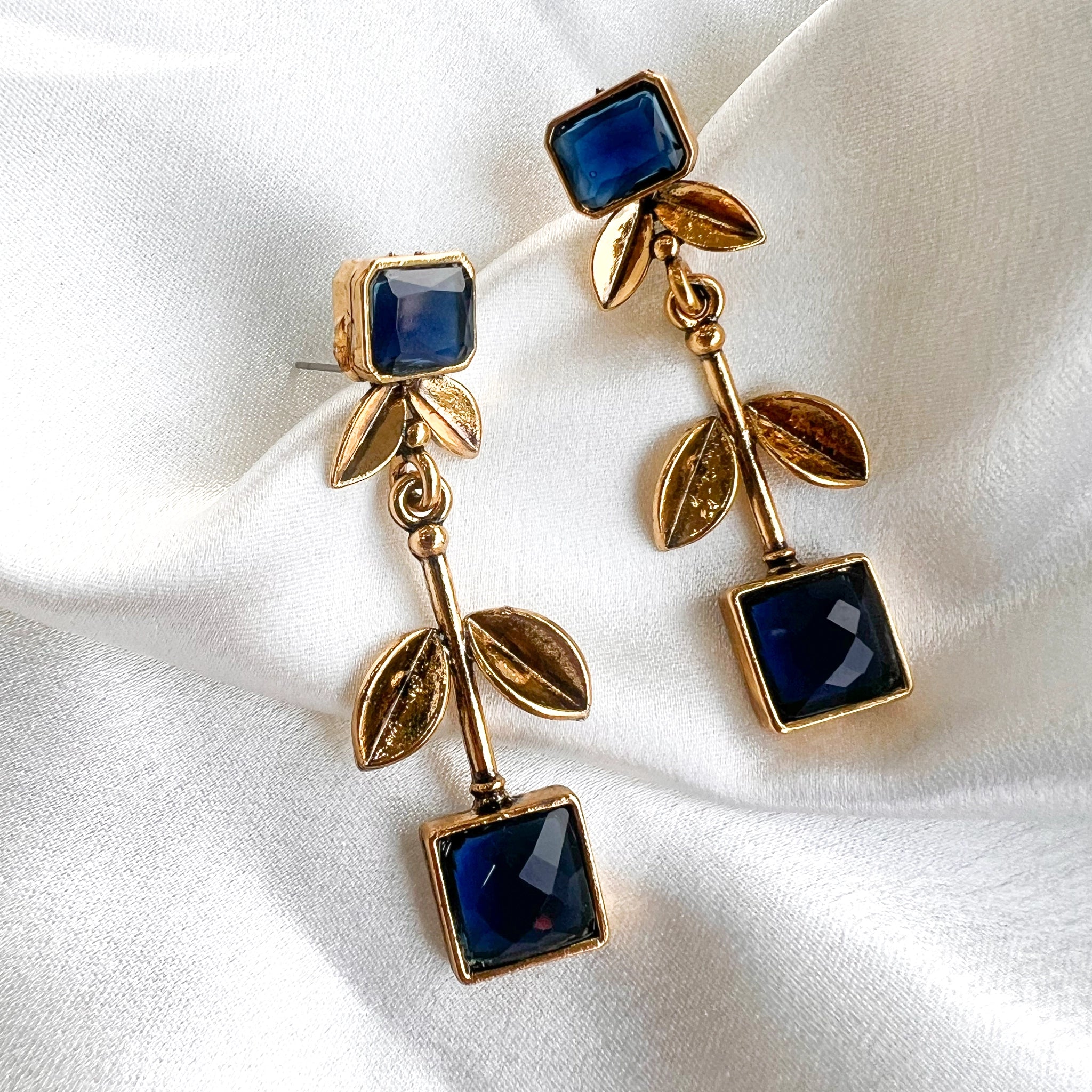 Gold Plated Long Dangle Earrings Pale Blue