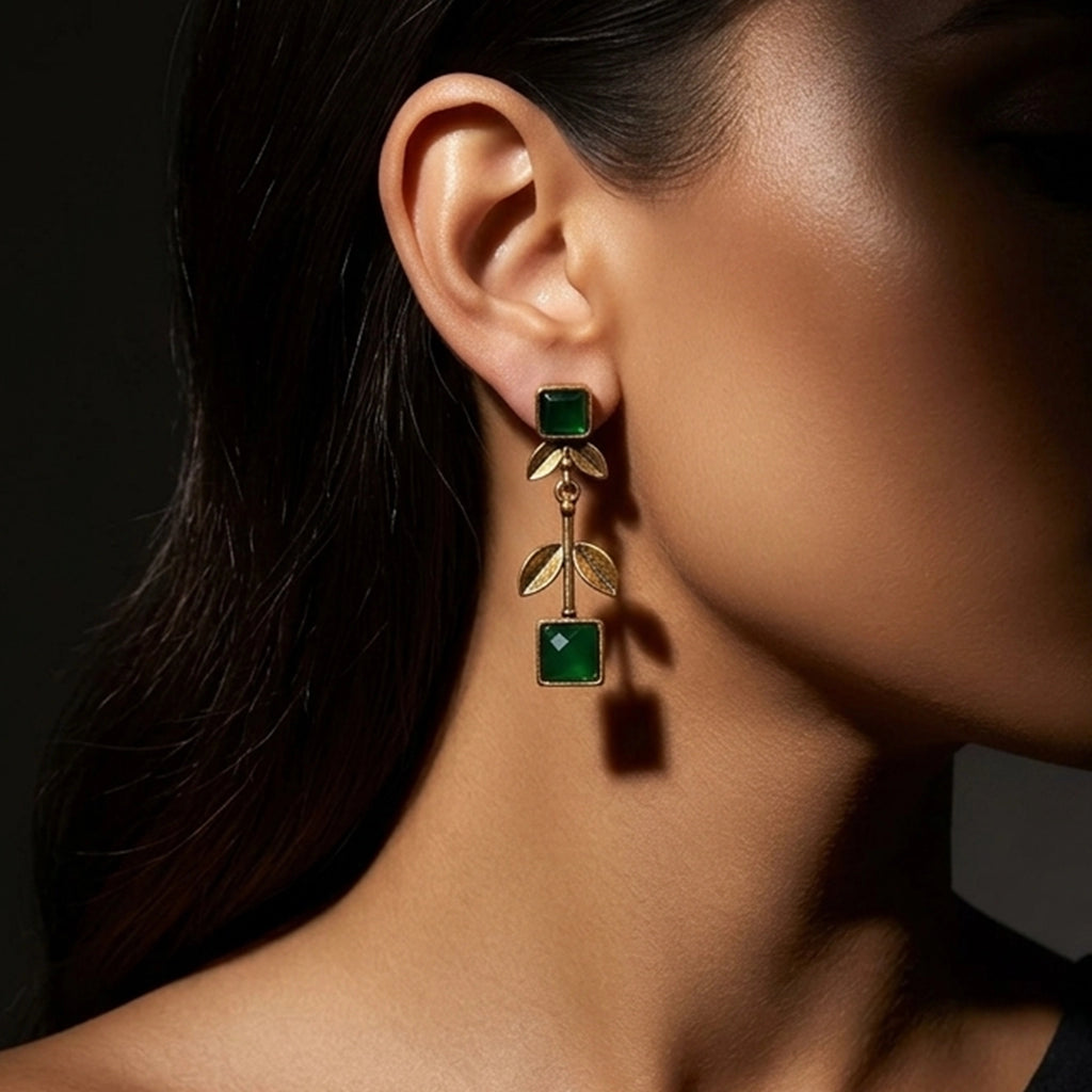 Gold Plated Long Dangle Earrings Green