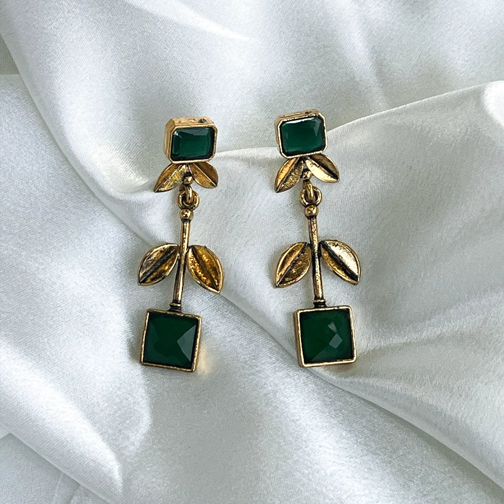 Gold Plated Long Dangle Earrings Green