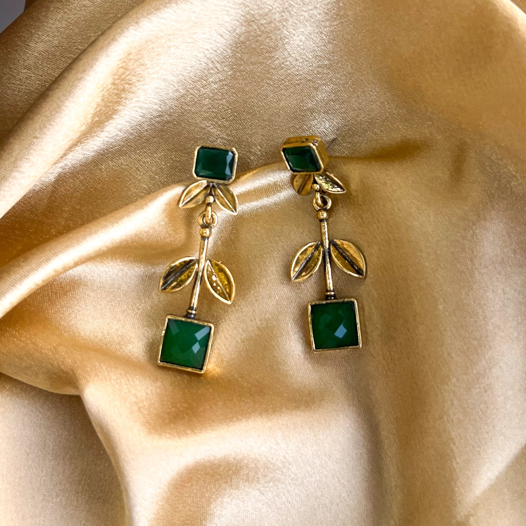 Gold Plated Long Dangle Earrings Green