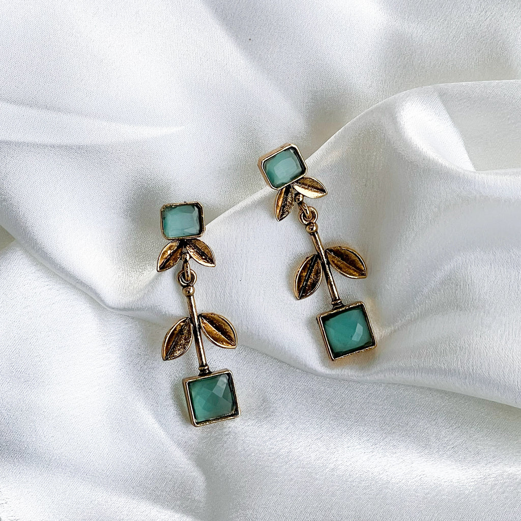 Gold Plated Long Dangle Earrings Pale Green