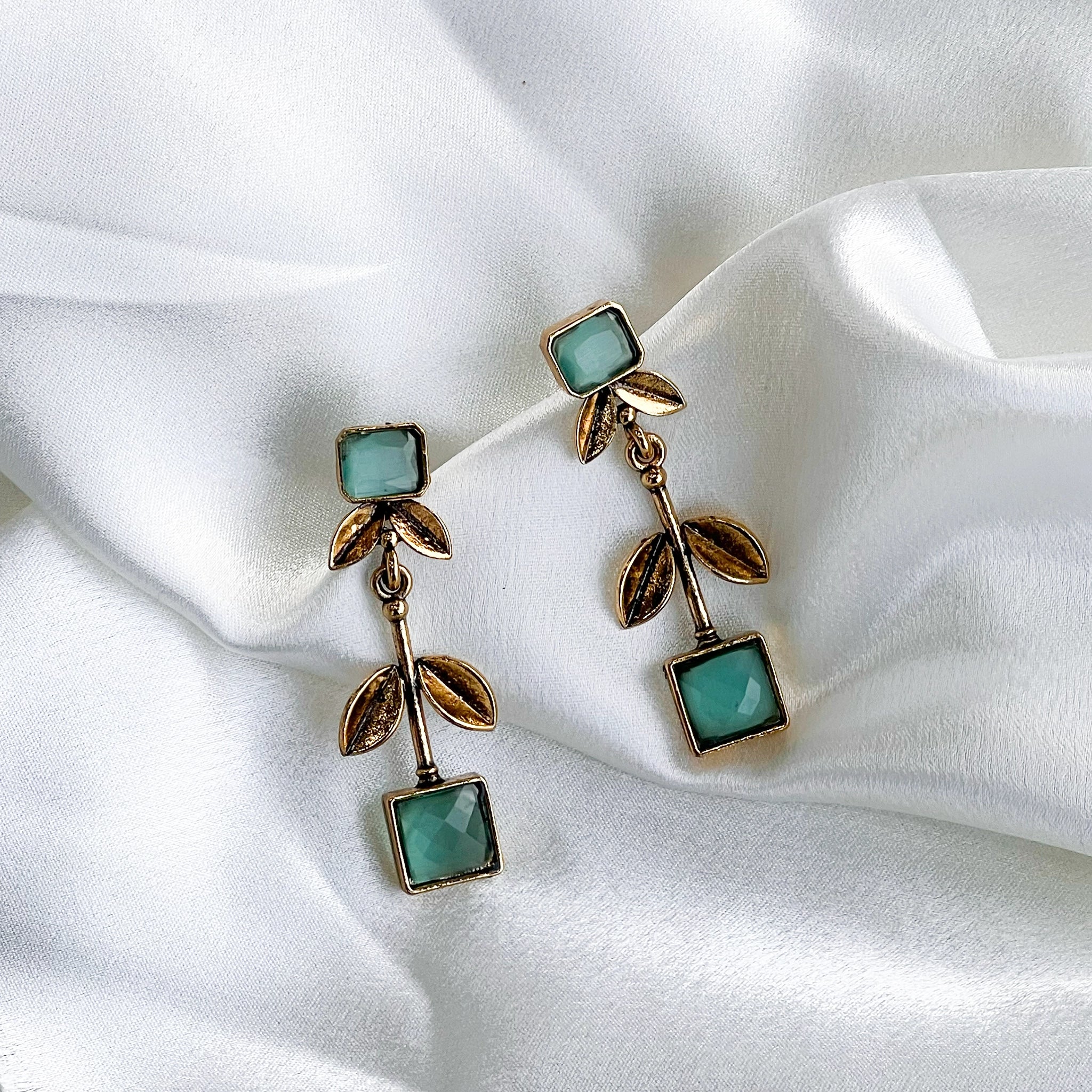 Gold Plated Long Dangle Earrings Pale Green