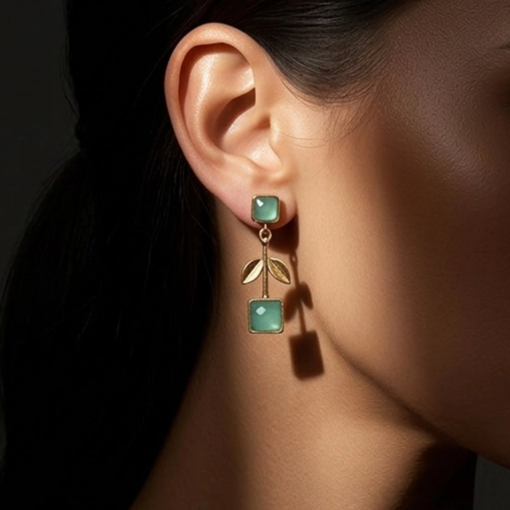 Gold Plated Long Dangle Earrings Pale Green