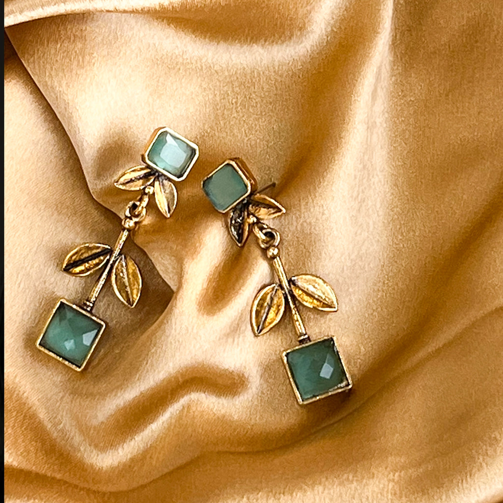 Gold Plated Long Dangle Earrings Pale Green