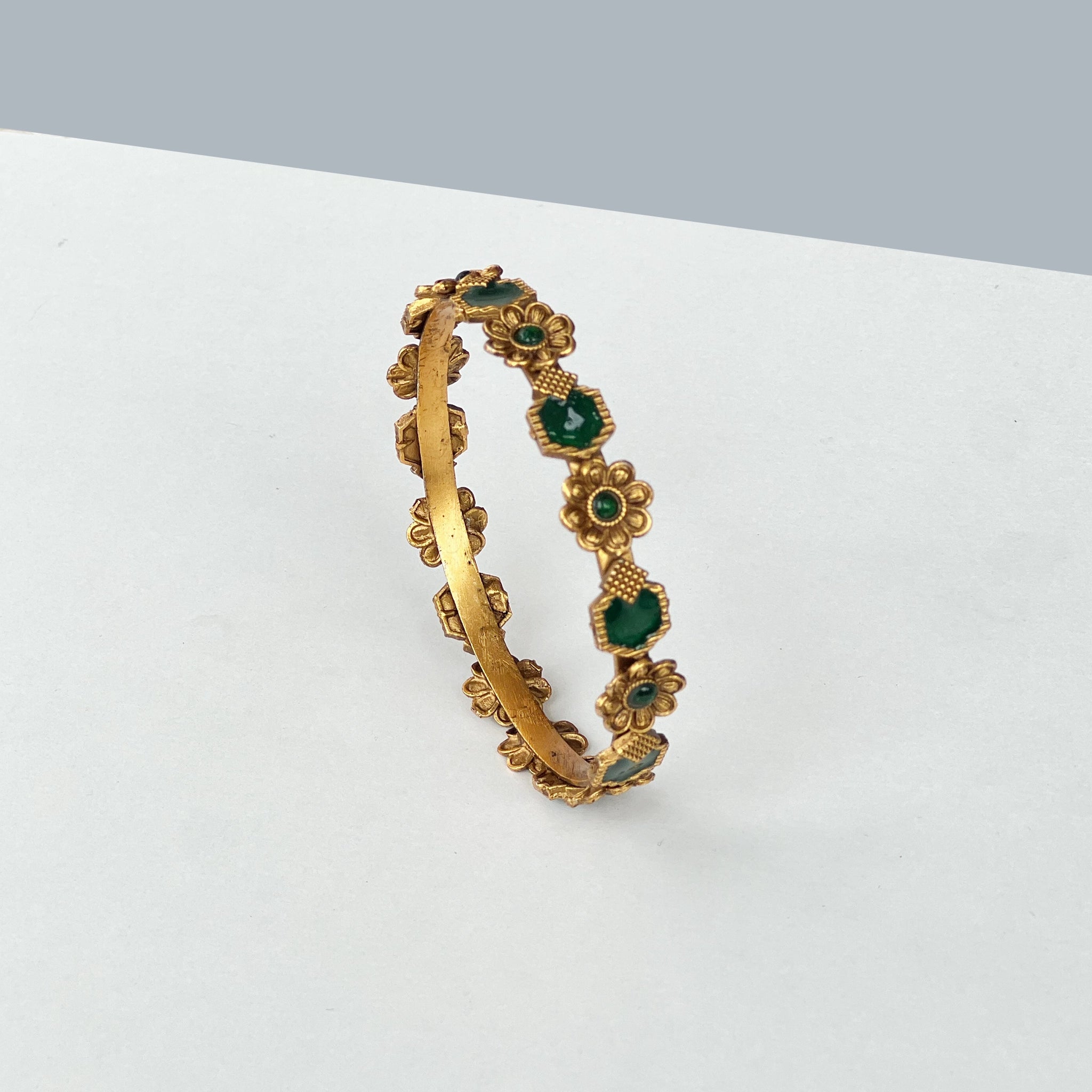 Antique Gold Emerald Floral Bangles
