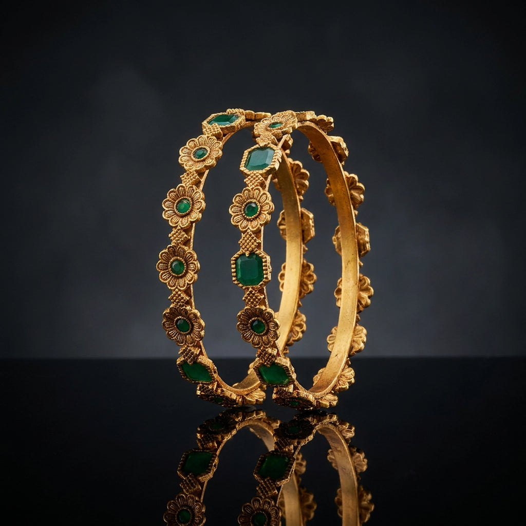 Antique Gold Emerald Floral Bangles