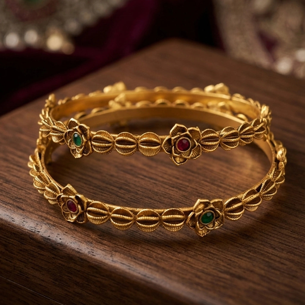 Antique Gold Floral Leaf Temple Bangles