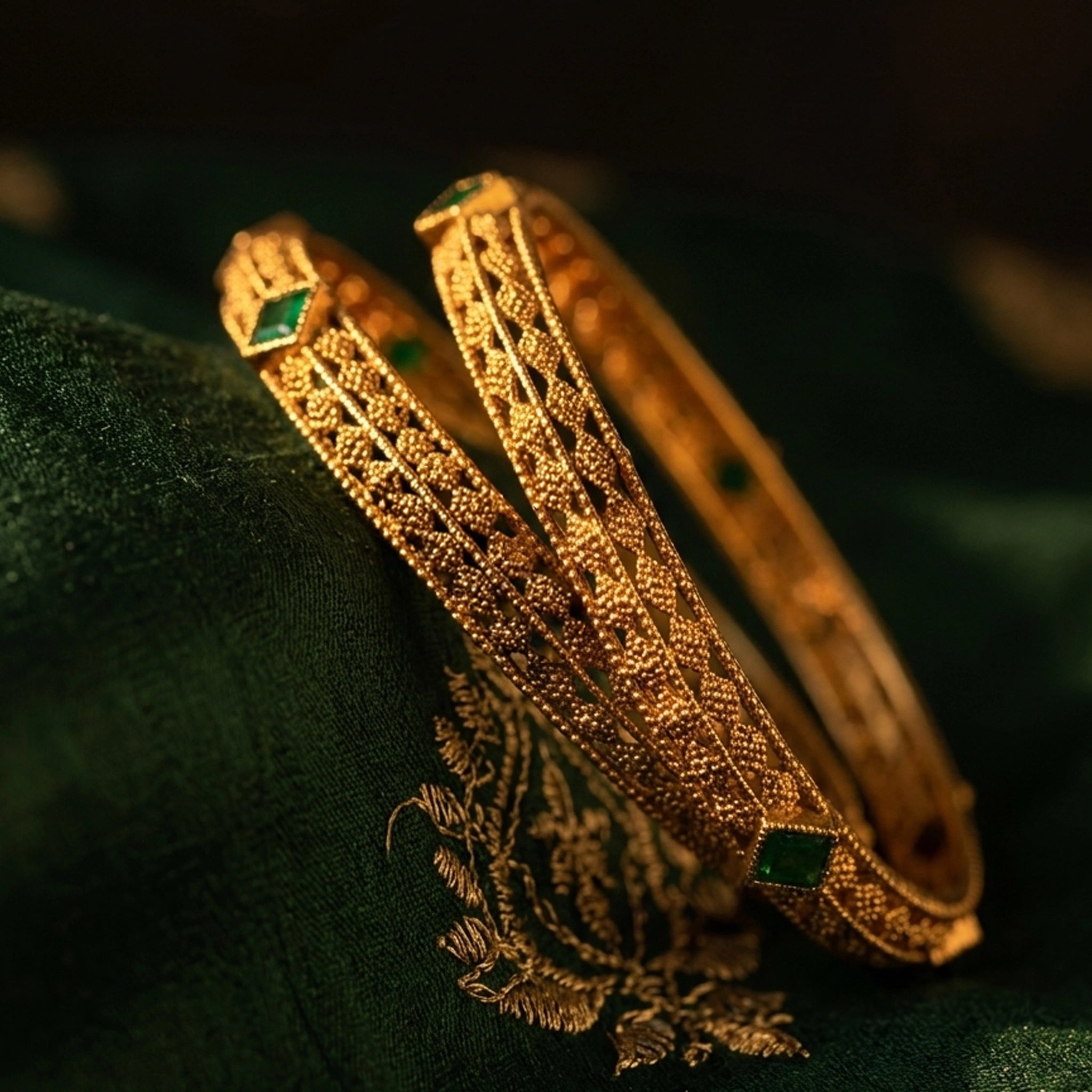Antique Gold Filigree Emerald Bangles