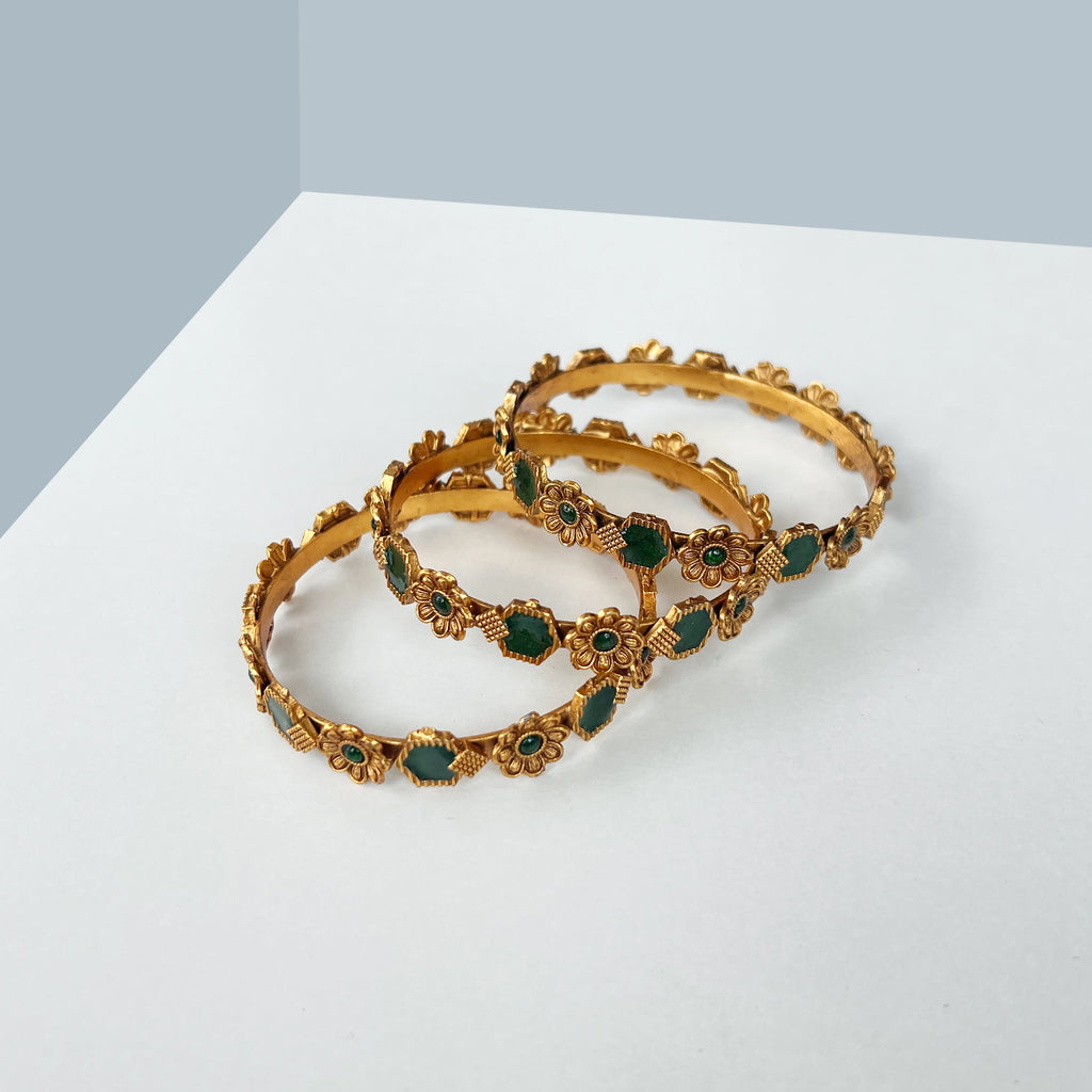 Antique Gold Emerald Floral Bangles