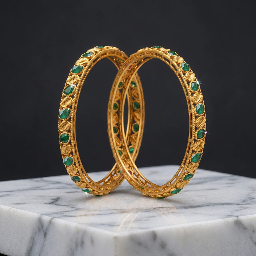 Antique Gold Emerald Leaf Bangles