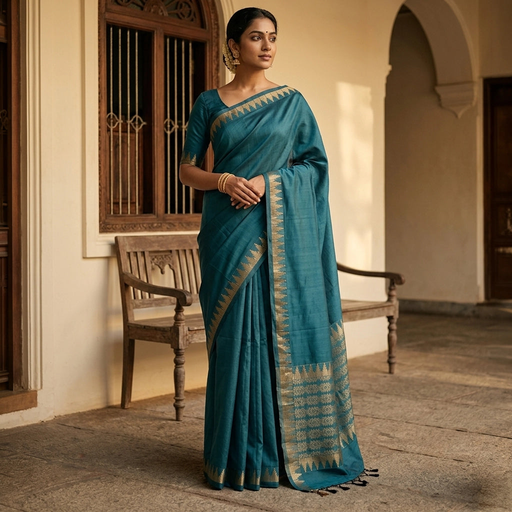 Elegance in Teal: Silk Saree