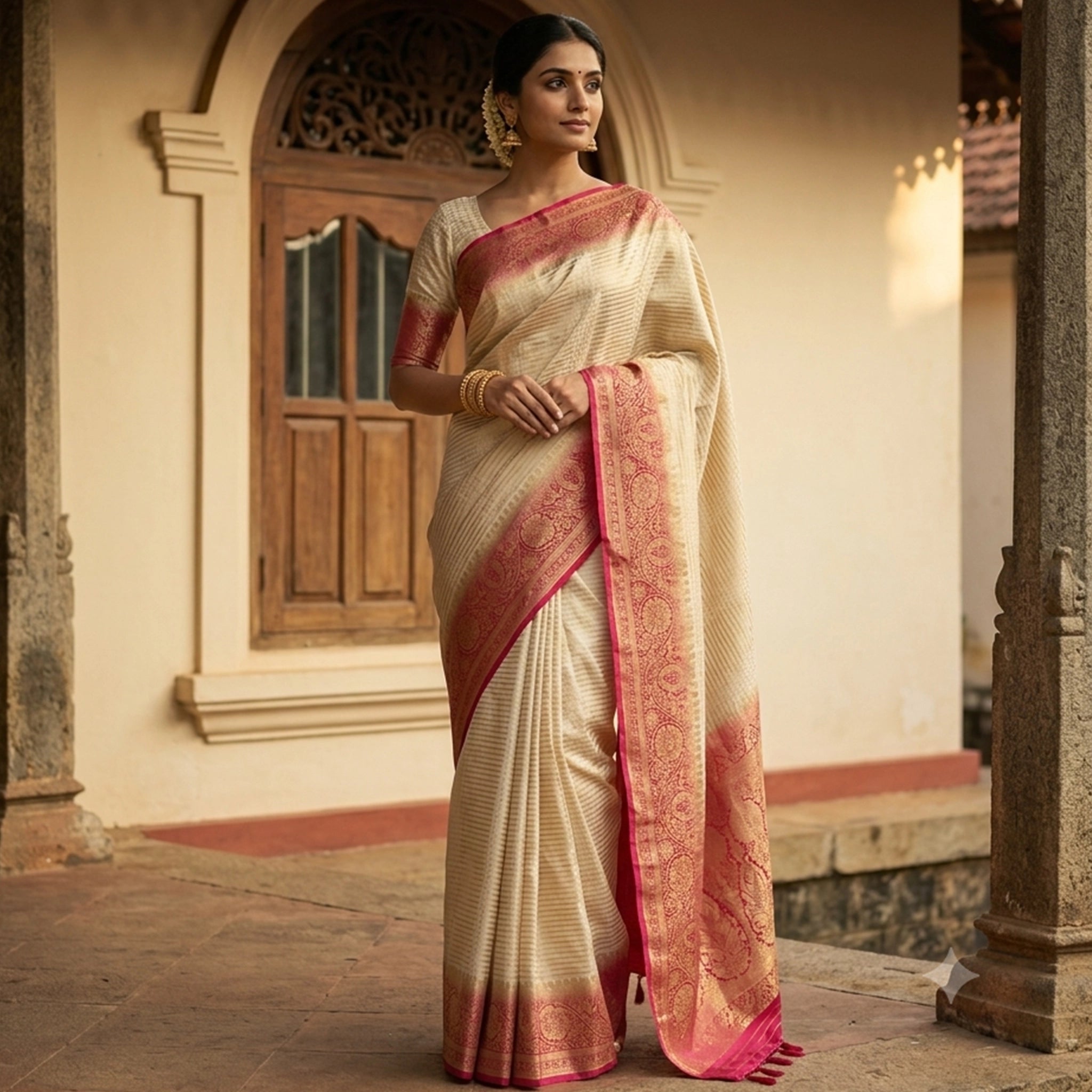 Ivory Banarasi Silk Blend Saree with Magenta Floral Zari Border