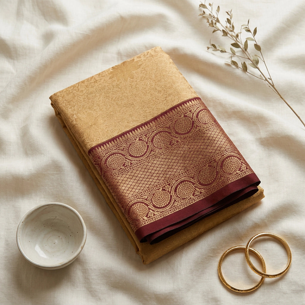 Heritage Mustard Gold Kanchipuram Silk Saree with Intricate Crimson Maroon Border