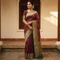 Maroon Banarasi Silk Blend Saree with Gold Zari Border & Green Edge