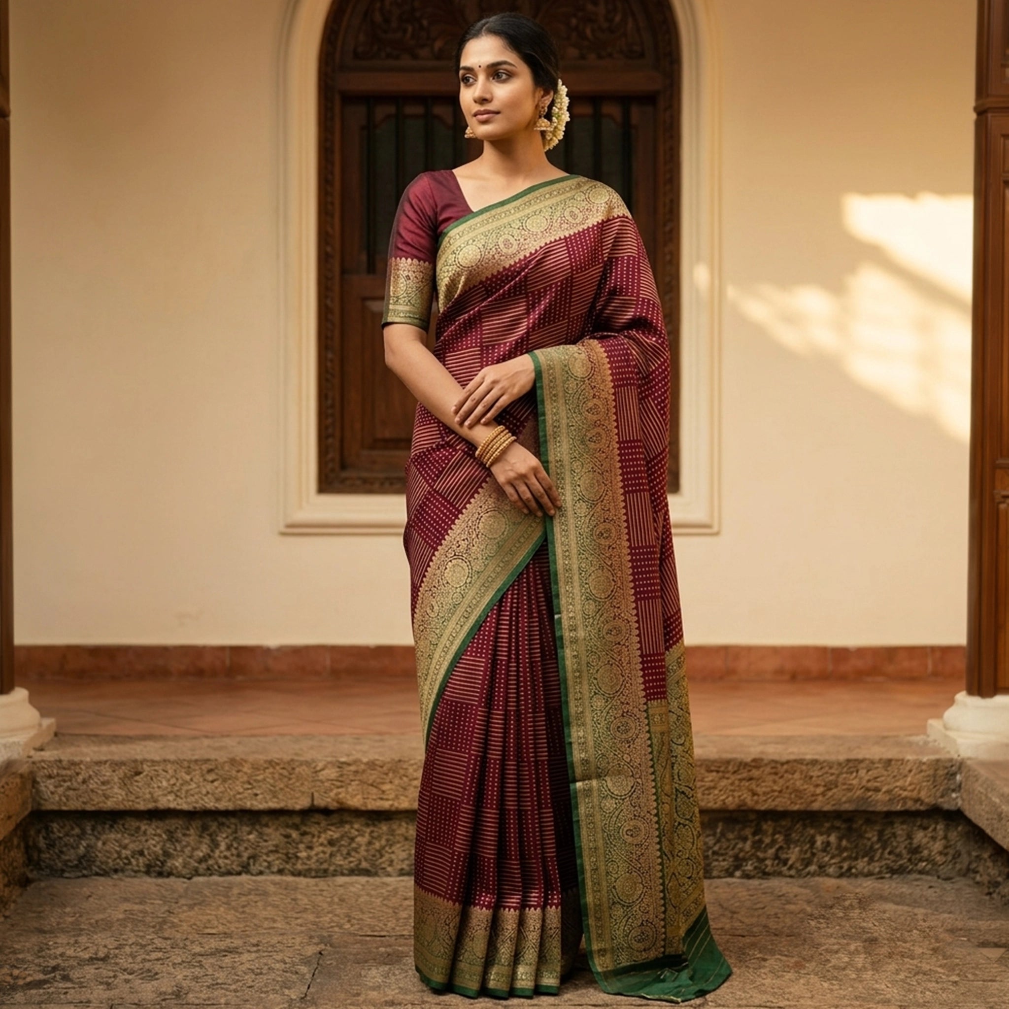 Maroon Banarasi Silk Blend Saree with Gold Zari Border & Green Edge