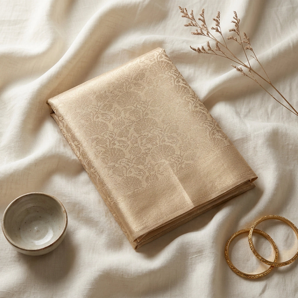 remium Champagne Gold Soft Silk Jacquard Saree with Rich Woven Zari Border