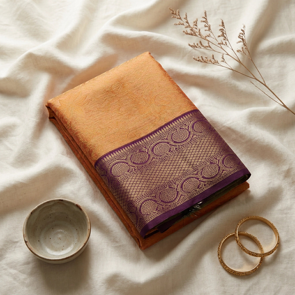 Royal Golden Honey Kanchipuram Silk Saree with Purple Zari Border