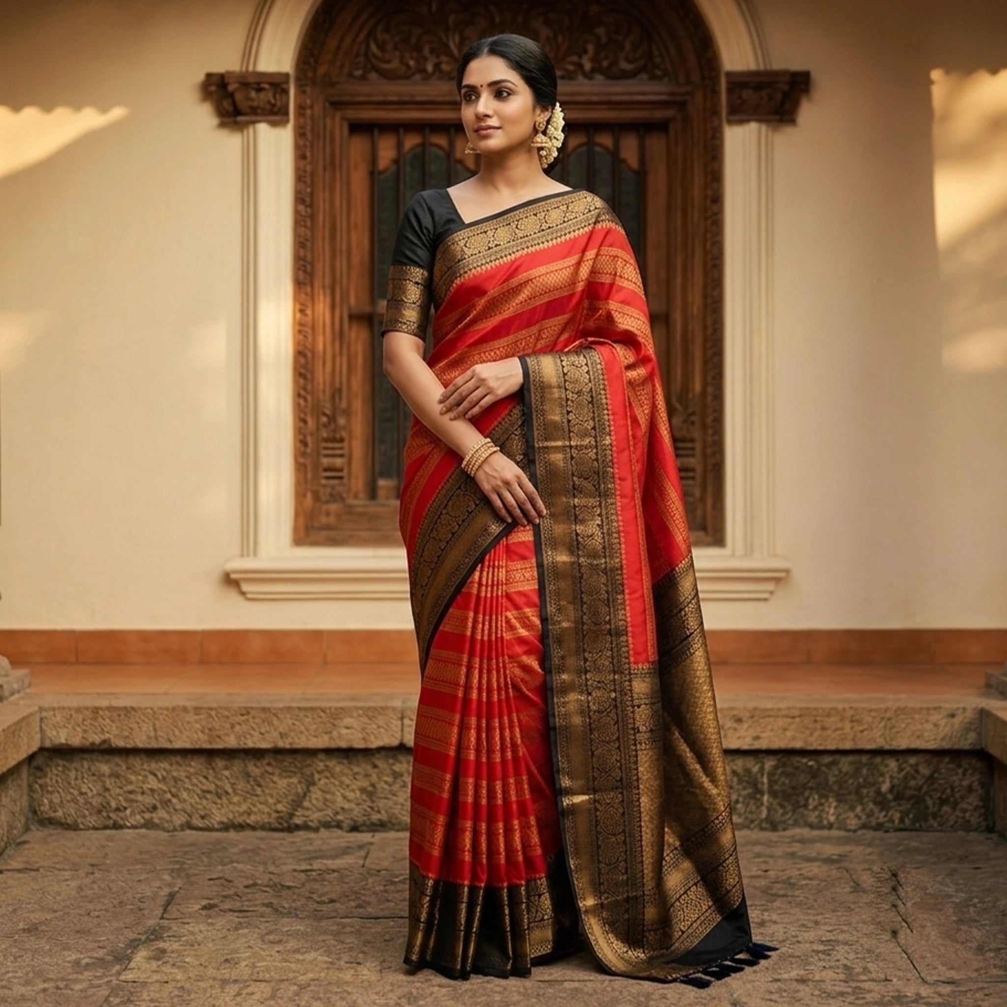 Regal Red Banarasi Saree with Black Temple Border