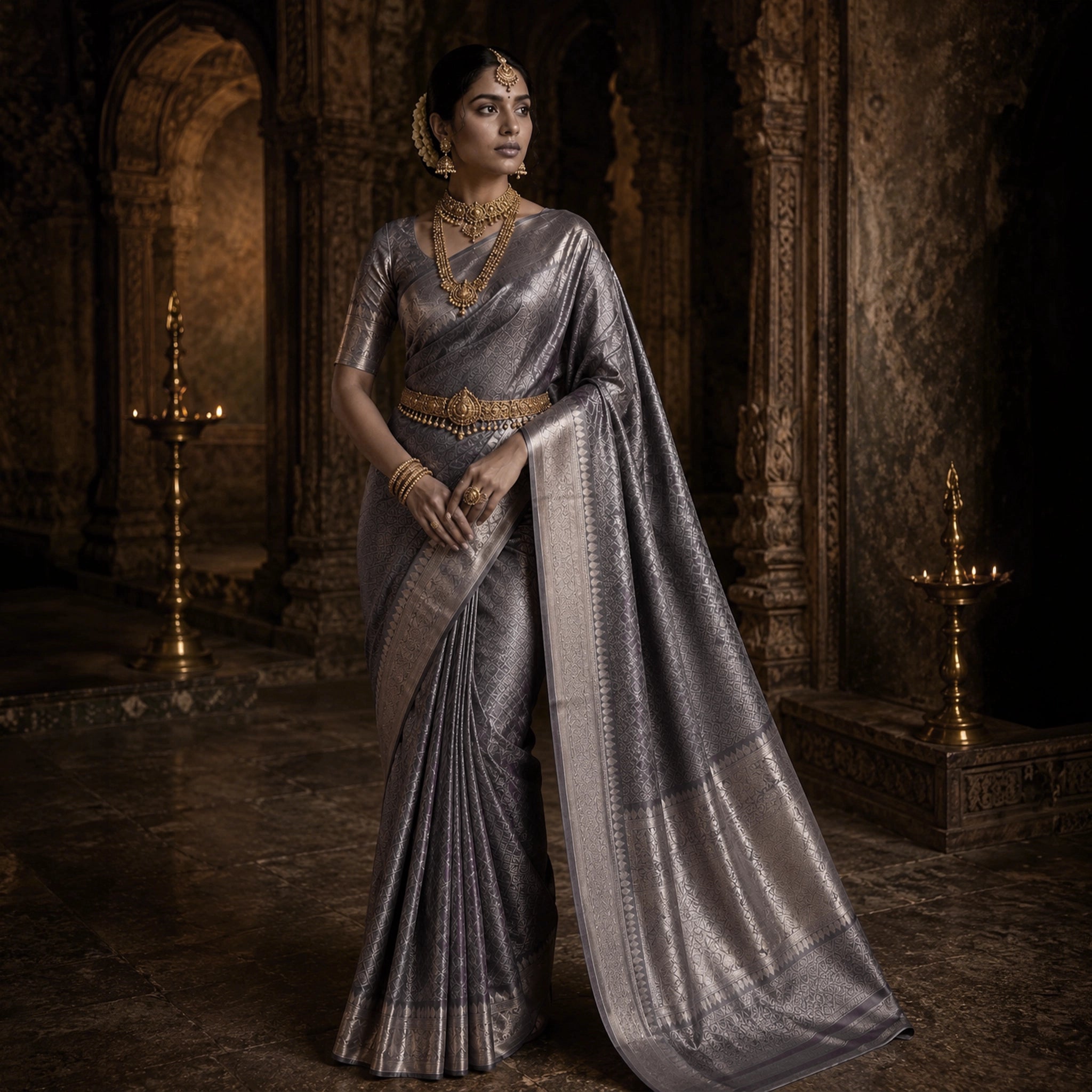 Elegant Charcoal Grey Kanchipuram Style Soft Silk Saree